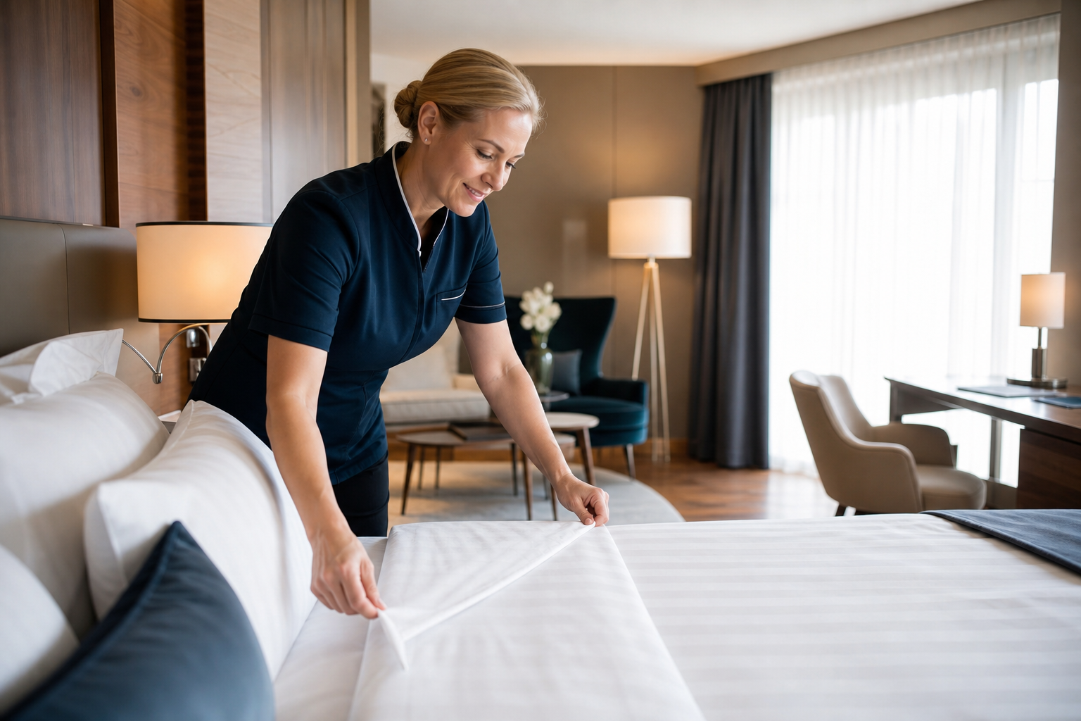 Professionelle Hotelreinigung in einem Gästezimmer